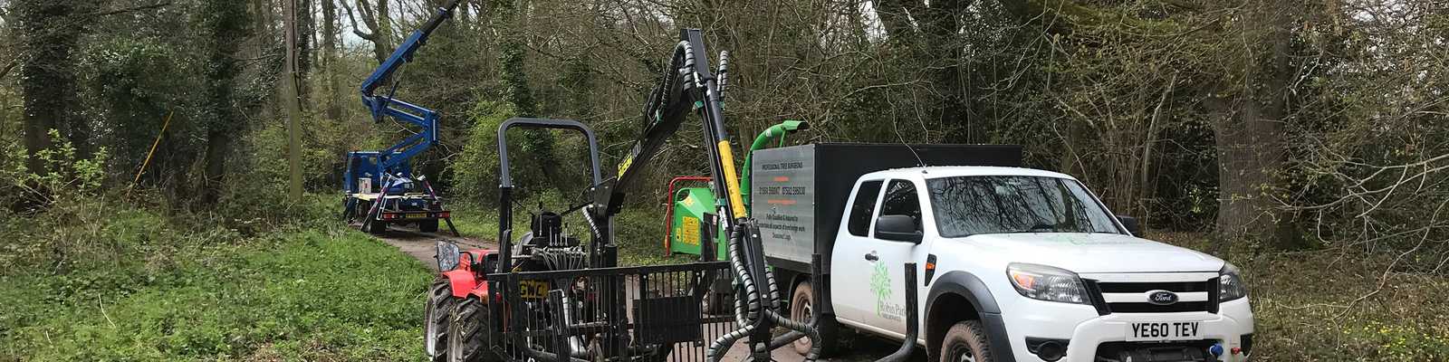 Tree felling, pollarding, thinning, deadwooding and pruning, with two Robin Parker vehicles in a forest